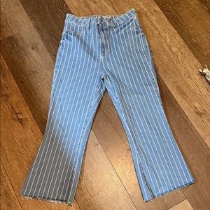 Cello Blue and White Striped Flare Jeans with Mildly Cropped Distressed Hem